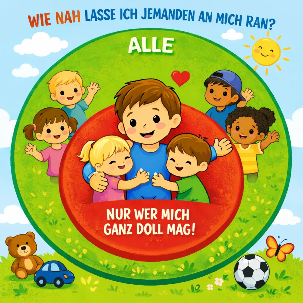 Illustrierte Kursgrafik aus dem Zauberwald-Kurs: Wie nah lasse ich jemanden an mich heran? Distanzzonen als grüner und roter Kreis