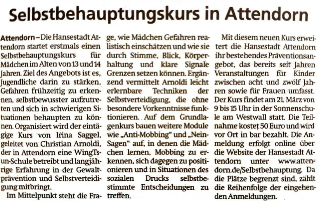 Zeitungsartikel: Selbstbehauptungskurs in Attendorn – Ankündigung